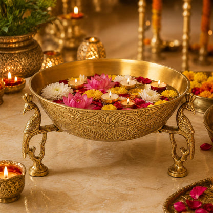 Antique Brass Urli Bowl with Peacock Legs – Floating Candle & Flower Decor Bowl"
