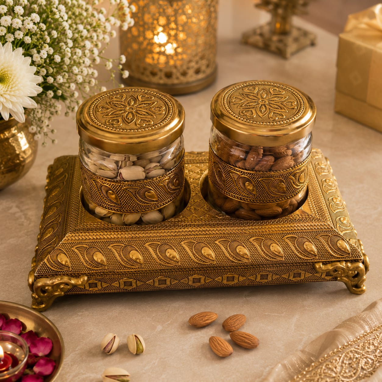 Antique Golden Dry Fruit Jars with Tray – Set of 2 | Diwali Gift Décor