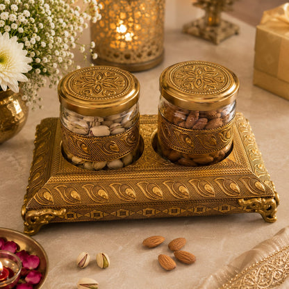 Antique Golden Dry Fruit Jars with Tray – Set of 2 | Diwali Gift Décor