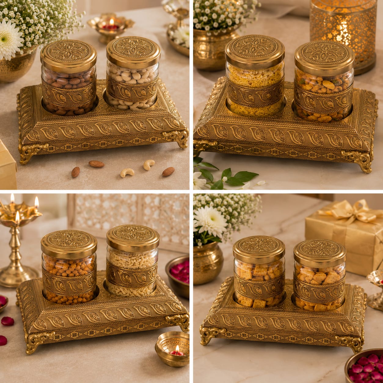 Antique Golden Dry Fruit Jars with Tray – Set of 2 | Diwali Gift Décor