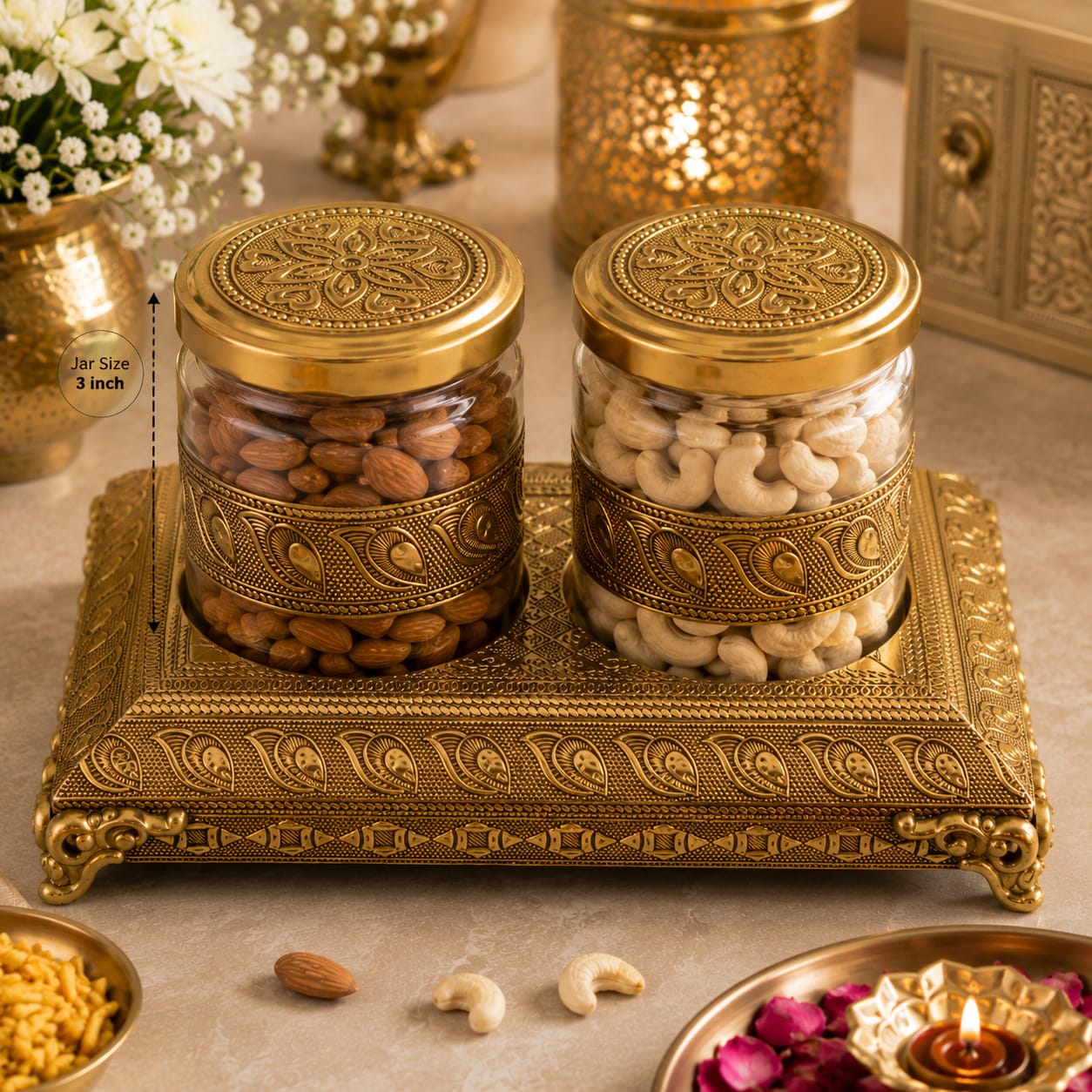 Antique Golden Dry Fruit Jars with Tray – Set of 2 | Diwali Gift Décor