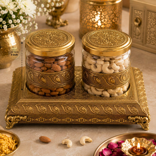 Antique Golden Dry Fruit Jars with Tray – Set of 2 | Diwali Gift Décor