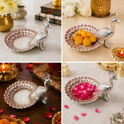 Silver Peacock Design Decorative Tray – Metal Fruit & Sweet Serving Bowl for Pooja, Diwali & Home Déco