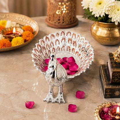 Silver Peacock Design Decorative Tray – Metal Fruit & Sweet Serving Bowl for Pooja, Diwali & Home Déco