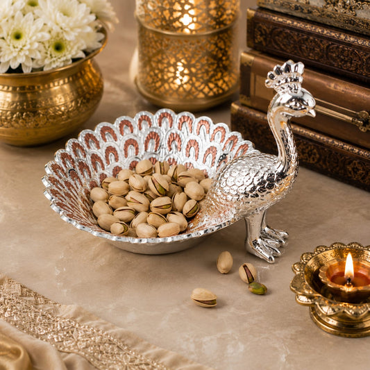 Silver Peacock Design Decorative Tray – Metal Fruit & Sweet Serving Bowl for Pooja, Diwali & Home Déco