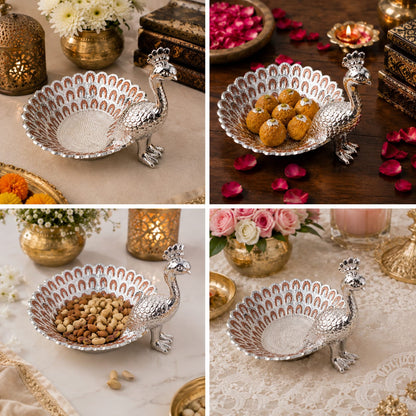 Silver Peacock Design Decorative Tray – Metal Fruit & Sweet Serving Bowl for Pooja, Diwali & Home Déco