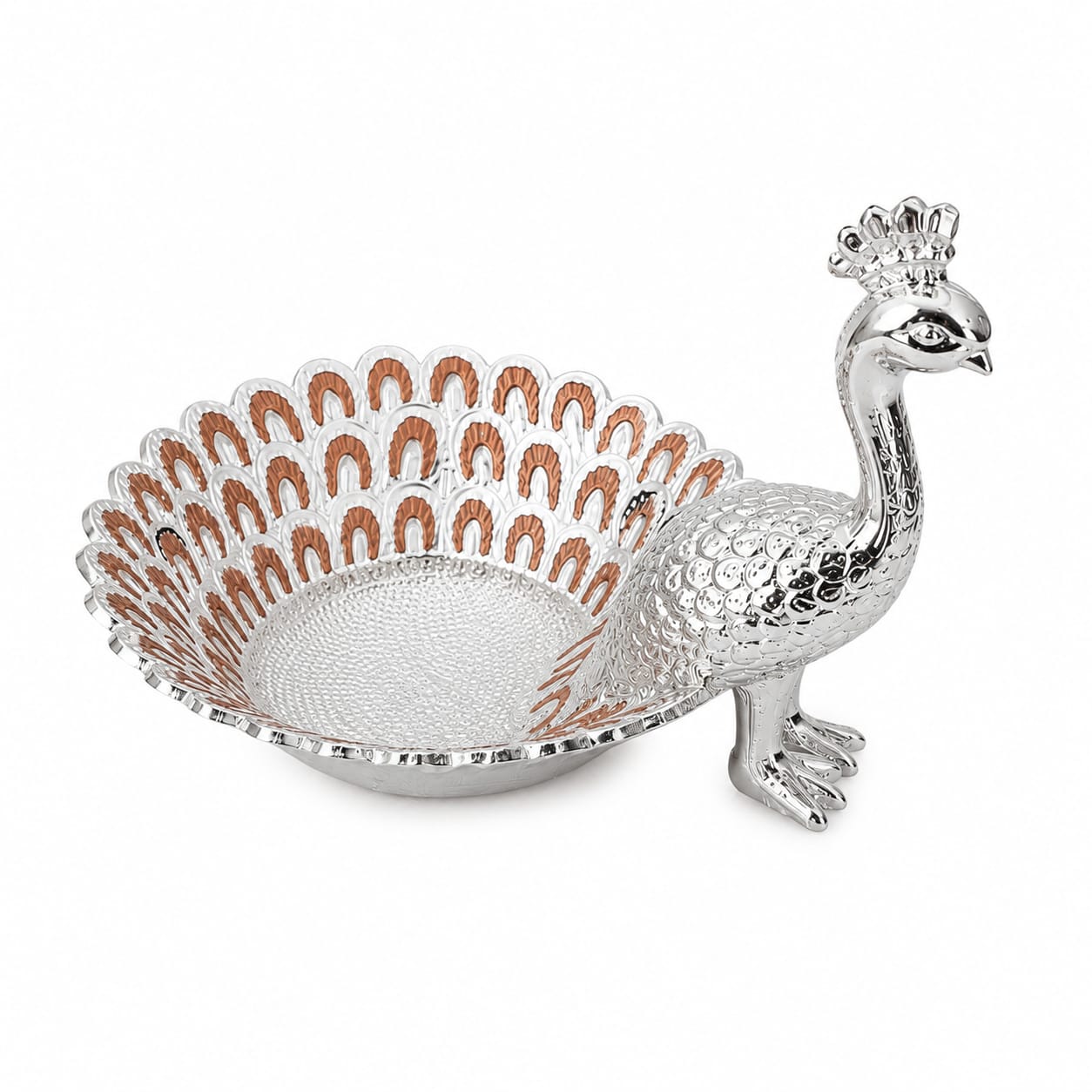 Silver Peacock Design Decorative Tray – Metal Fruit & Sweet Serving Bowl for Pooja, Diwali & Home Déco