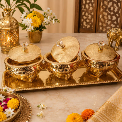 Embossed Metal bowl serving Bowl Set with Domed Lids & Rectangular Tray – Festive Dry Fruit Set (Copy) (Copy)