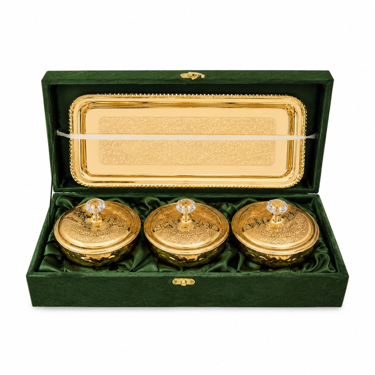 Embossed Metal bowl serving Bowl Set with Domed Lids & Rectangular Tray – Festive Dry Fruit Set (Copy) (Copy)