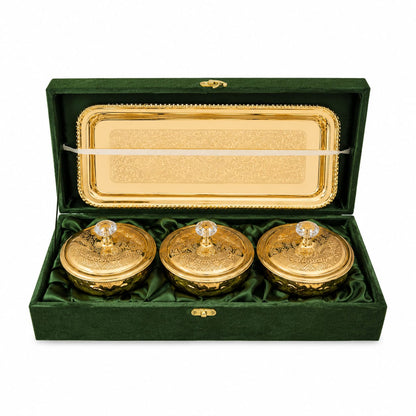 Embossed Metal bowl serving Bowl Set with Domed Lids & Rectangular Tray – Festive Dry Fruit Set (Copy) (Copy)