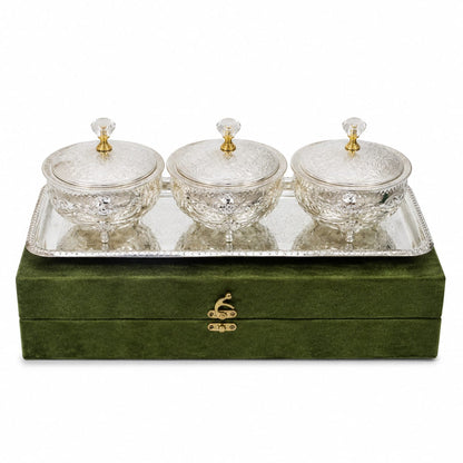 "Embossed German  Silver Serving Bowl Set with Domed Lids & Rectangular Tray – Festive Dry Fruit Set"