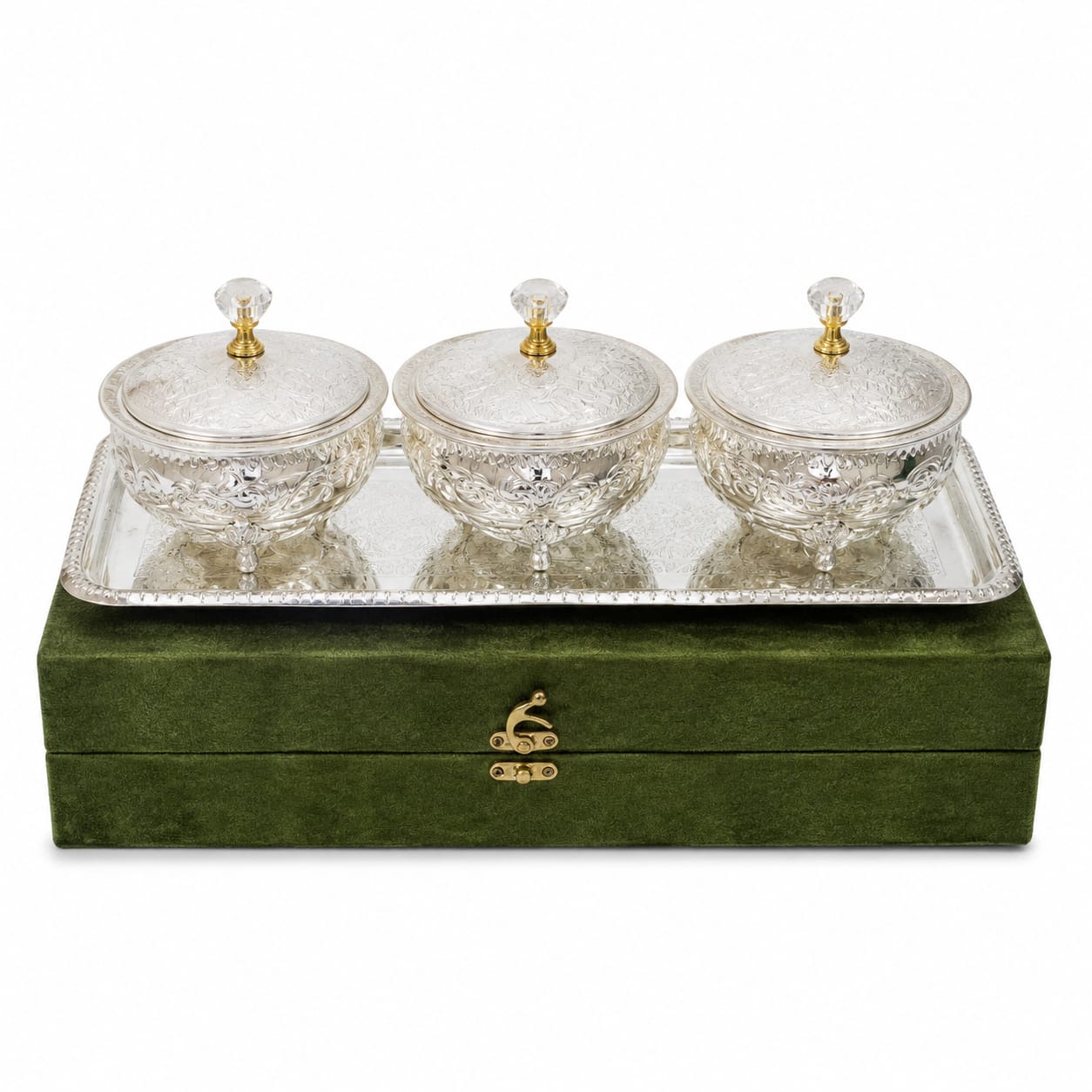 "Embossed German  Silver Serving Bowl Set with Domed Lids & Rectangular Tray – Festive Dry Fruit Set"