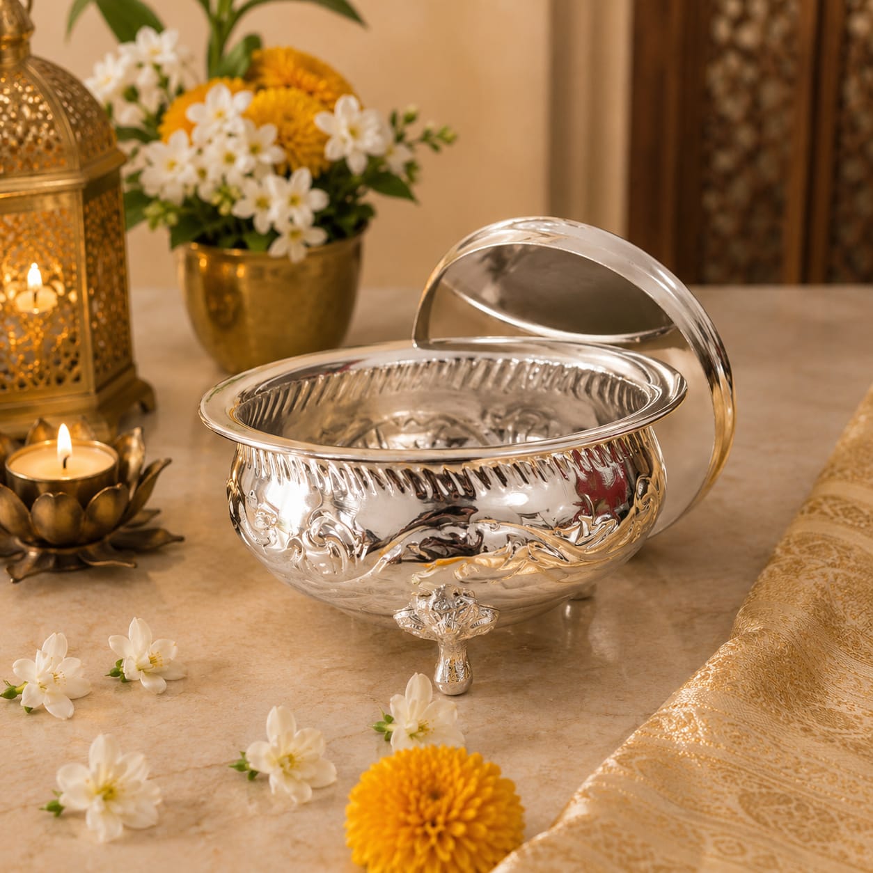 "Embossed German  Silver Serving Bowl Set with Domed Lids & Rectangular Tray – Festive Dry Fruit Set"