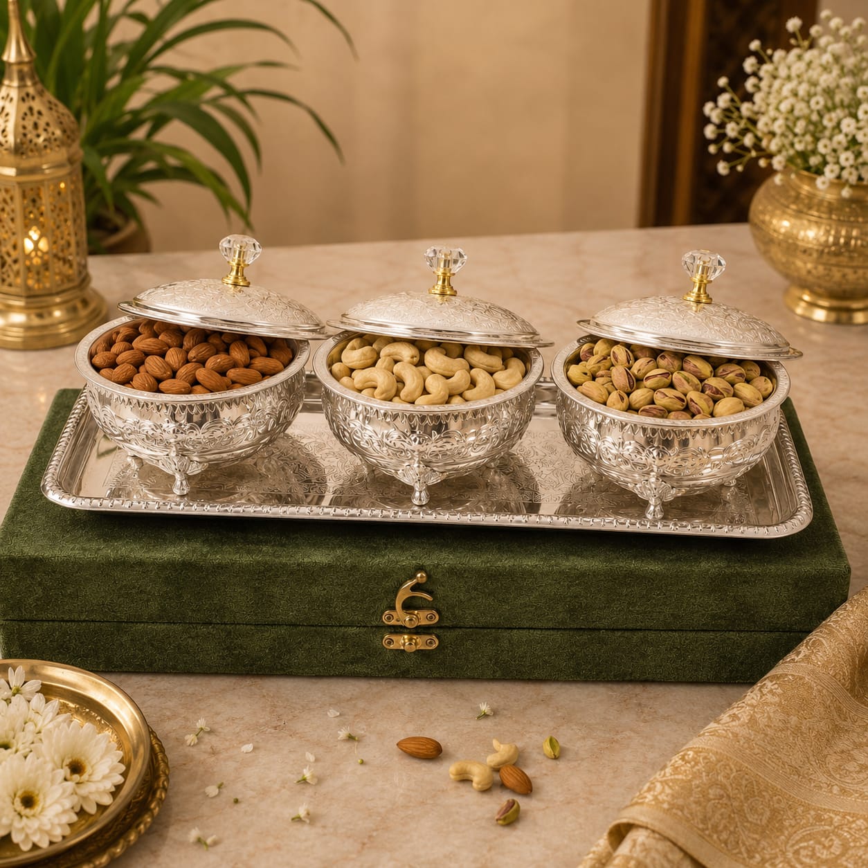 "Embossed German  Silver Serving Bowl Set with Domed Lids & Rectangular Tray – Festive Dry Fruit Set"