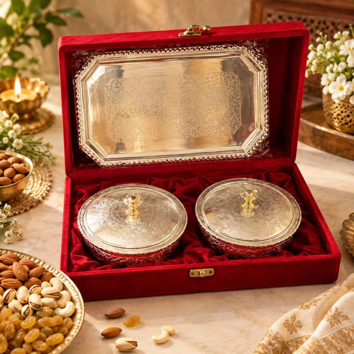 Embossed German  Silver Serving Bowl Set with Domed Lids & Rectangular Tray – Festive Dry Fruit Set (Copy)