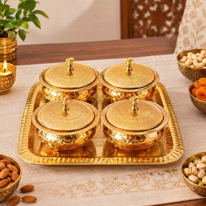Embossed Metal bowl serving Bowl Set with Domed Lids & Rectangular Tray – Festive Dry Fruit Set (Copy)