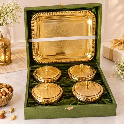 Embossed Metal bowl serving Bowl Set with Domed Lids & Rectangular Tray – Festive Dry Fruit Set (Copy)