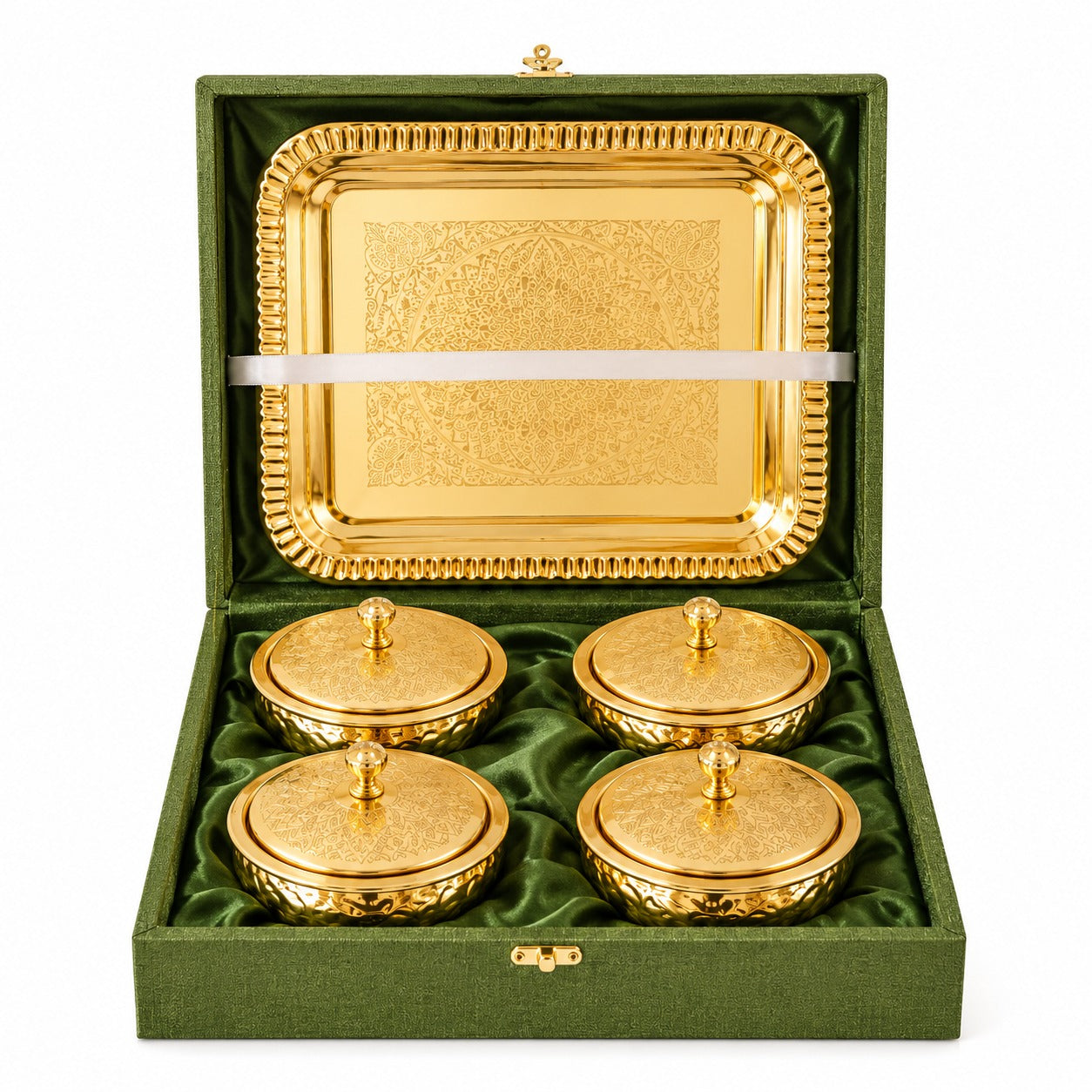 Embossed Metal bowl serving Bowl Set with Domed Lids & Rectangular Tray – Festive Dry Fruit Set (Copy)