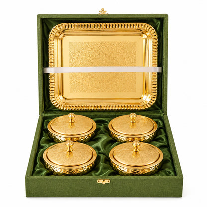 Embossed Metal bowl serving Bowl Set with Domed Lids & Rectangular Tray – Festive Dry Fruit Set (Copy)