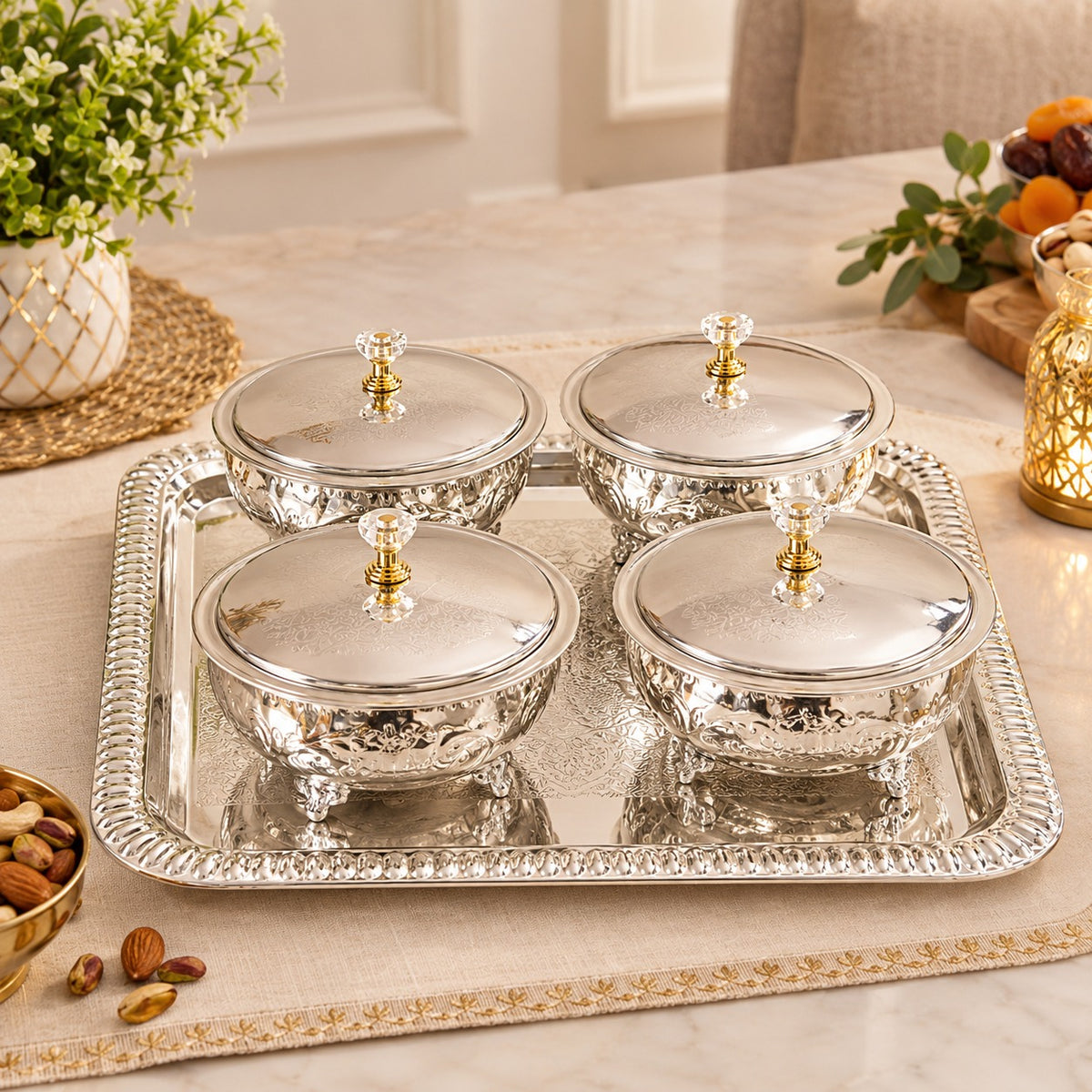 Embossed German Silver Serving Bowl Set with Domed Lids & Rectangular Tray – Festive Dry Fruit Set (Copy)