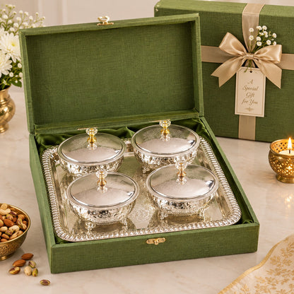 Embossed German Silver Serving Bowl Set with Domed Lids & Rectangular Tray – Festive Dry Fruit Set (Copy)