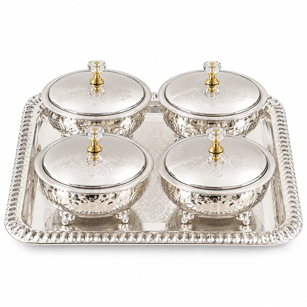 Embossed German Silver Serving Bowl Set with Domed Lids & Rectangular Tray – Festive Dry Fruit Set (Copy)