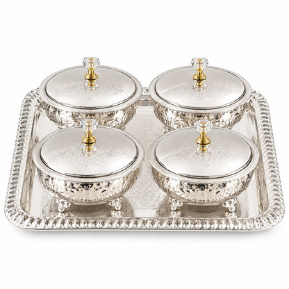 Embossed German Silver Serving Bowl Set with Domed Lids & Rectangular Tray – Festive Dry Fruit Set (Copy)