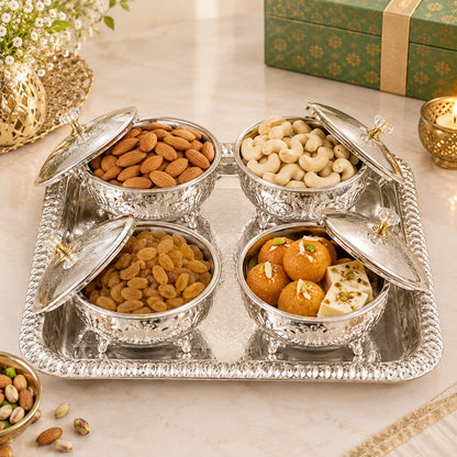 Embossed German Silver Serving Bowl Set with Domed Lids & Rectangular Tray – Festive Dry Fruit Set (Copy)