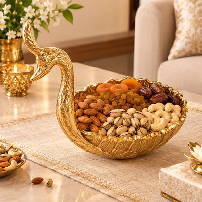 Golden Swan Shaped Brass Urli Bowl – Decorative Serving Platter for Dry Fruits, Sweets & Diwali Gifting