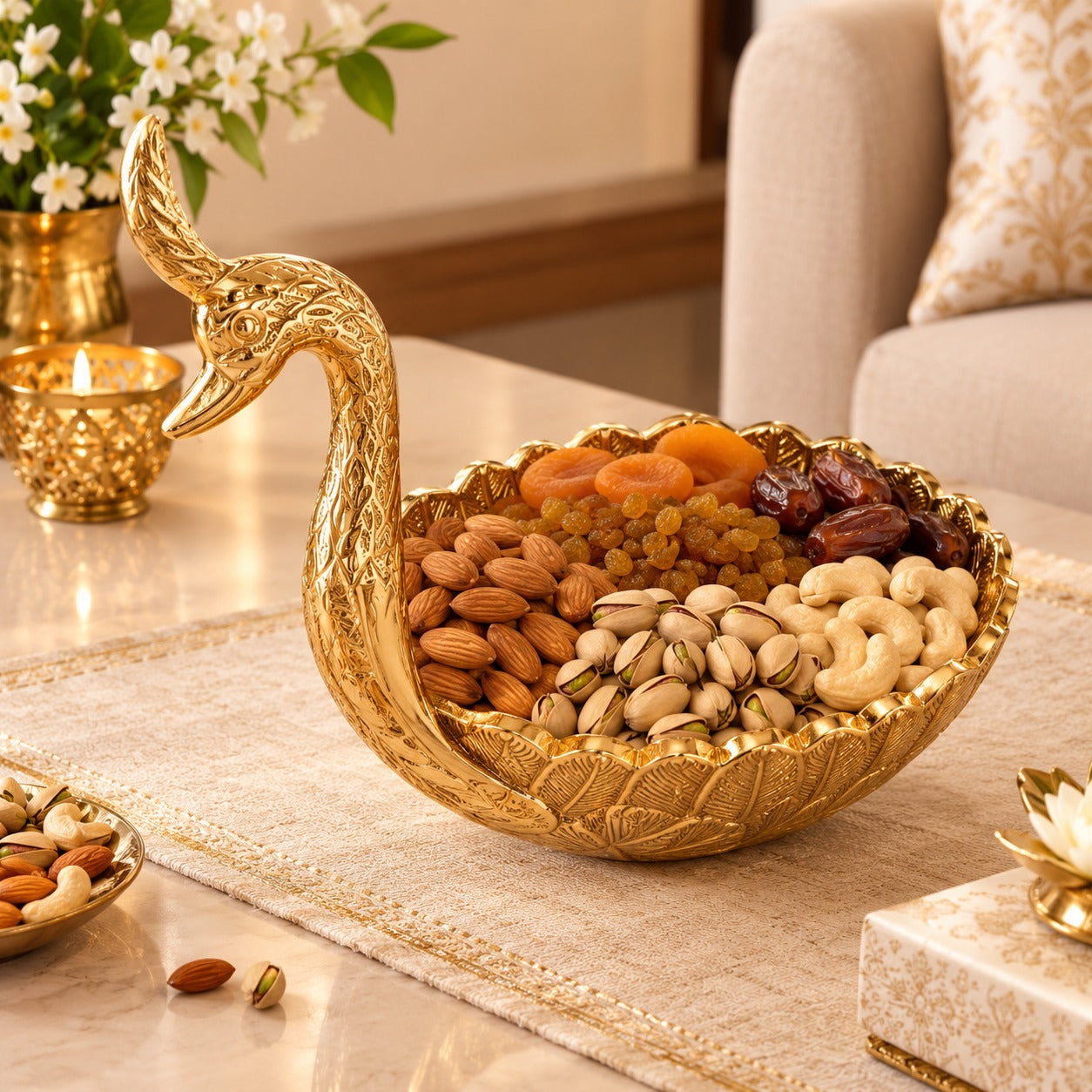 Golden Swan Shaped Brass Urli Bowl – Decorative Serving Platter for Dry Fruits, Sweets & Diwali Gifting
