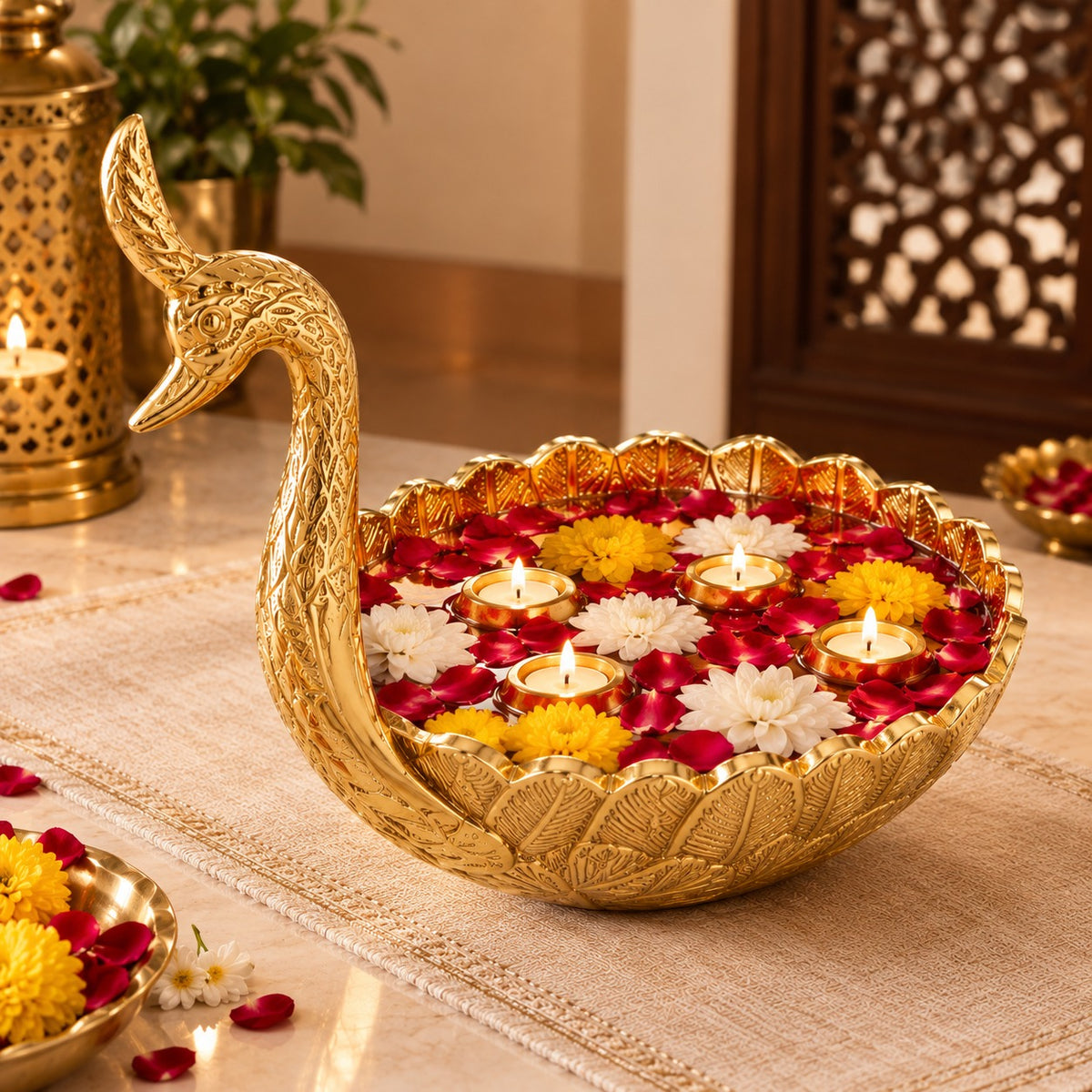 Golden Swan Shaped Brass Urli Bowl – Decorative Serving Platter for Dry Fruits, Sweets & Diwali Gifting