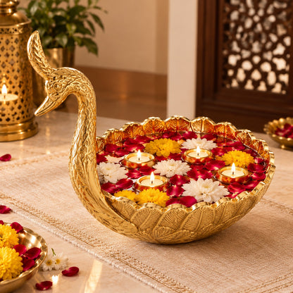 Golden Swan Shaped Brass Urli Bowl – Decorative Serving Platter for Dry Fruits, Sweets & Diwali Gifting
