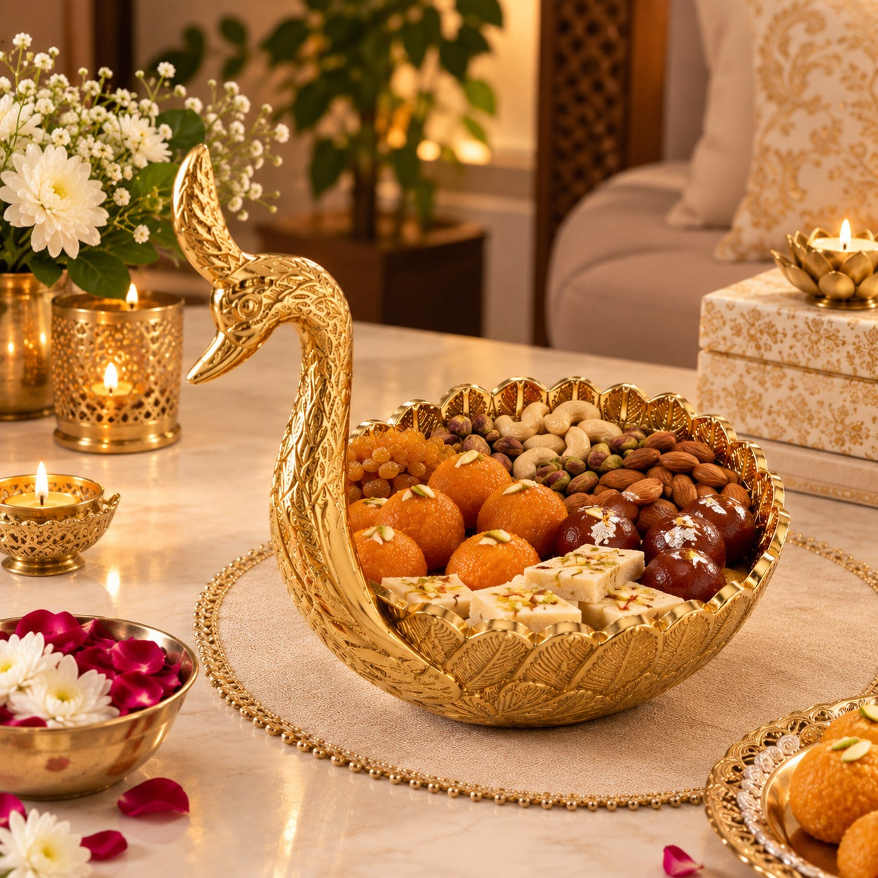Golden Swan Shaped Brass Urli Bowl – Decorative Serving Platter for Dry Fruits, Sweets & Diwali Gifting