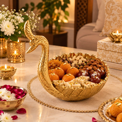 Golden Swan Shaped Brass Urli Bowl – Decorative Serving Platter for Dry Fruits, Sweets & Diwali Gifting