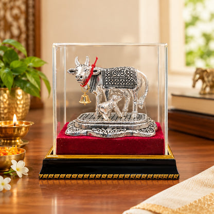 German silver  Kamdhenu Cow with Calf Idol – Silver Finish Statue with Bell, Glass Case & Wooden Stand