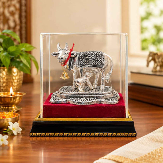 German silver  Kamdhenu Cow with Calf Idol – Silver Finish Statue with Bell, Glass Case & Wooden Stand