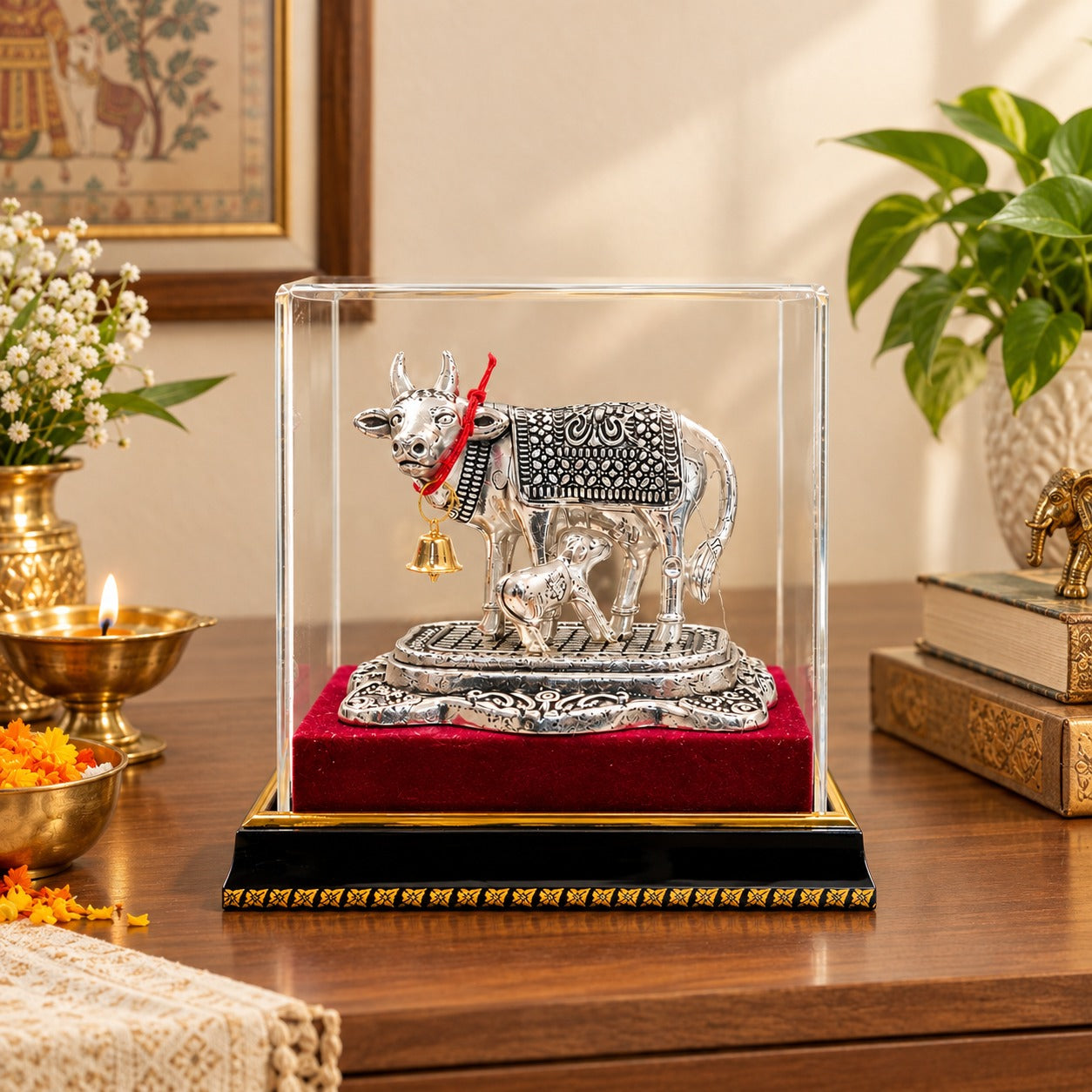German silver  Kamdhenu Cow with Calf Idol – Silver Finish Statue with Bell, Glass Case & Wooden Stand
