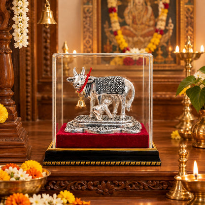 German silver  Kamdhenu Cow with Calf Idol – Silver Finish Statue with Bell, Glass Case & Wooden Stand