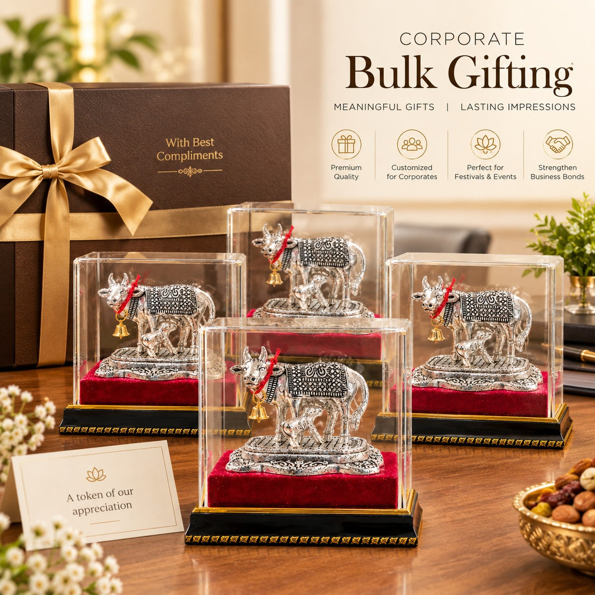 German silver  Kamdhenu Cow with Calf Idol – Silver Finish Statue with Bell, Glass Case & Wooden Stand