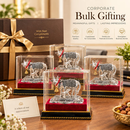 German silver  Kamdhenu Cow with Calf Idol – Silver Finish Statue with Bell, Glass Case & Wooden Stand