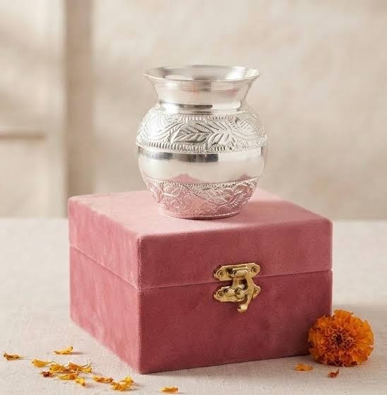 German Silver Kalash with Leaf Engraving – Decorative Pooja Vessel with Velvet Box set of