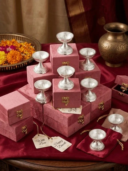 German Silver Diya on Stand – Decorative Aarti Lamp with Gift Box set of 6