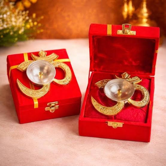 Handcrafted Brass Om Tealight Holder – Decorative Pooja Candle Stand with Velvet Box set of 2