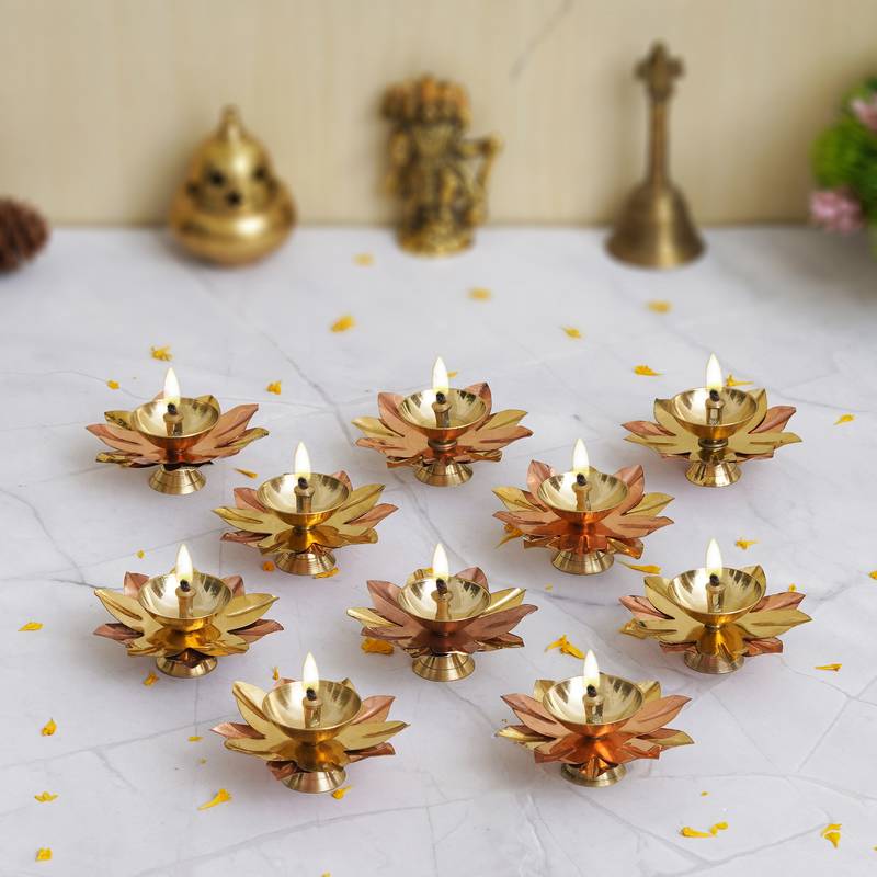 Brass Lotus Diya Set of 6 – Copper & Gold Finish Leaf Shaped Oil Lamps for Diwali & Pooja