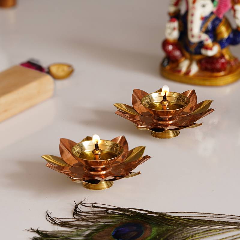 Brass Lotus Diya Set of 6 – Copper & Gold Finish Leaf Shaped Oil Lamps for Diwali & Pooja