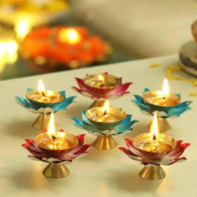 Colorful Lotus Diya Set of 6 – Brass Oil Lamps for Diwali