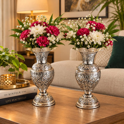Traditiona German  Silver Vases (Pair) – Ornate Floral Engraving, Ideal for Wedding Gifting
