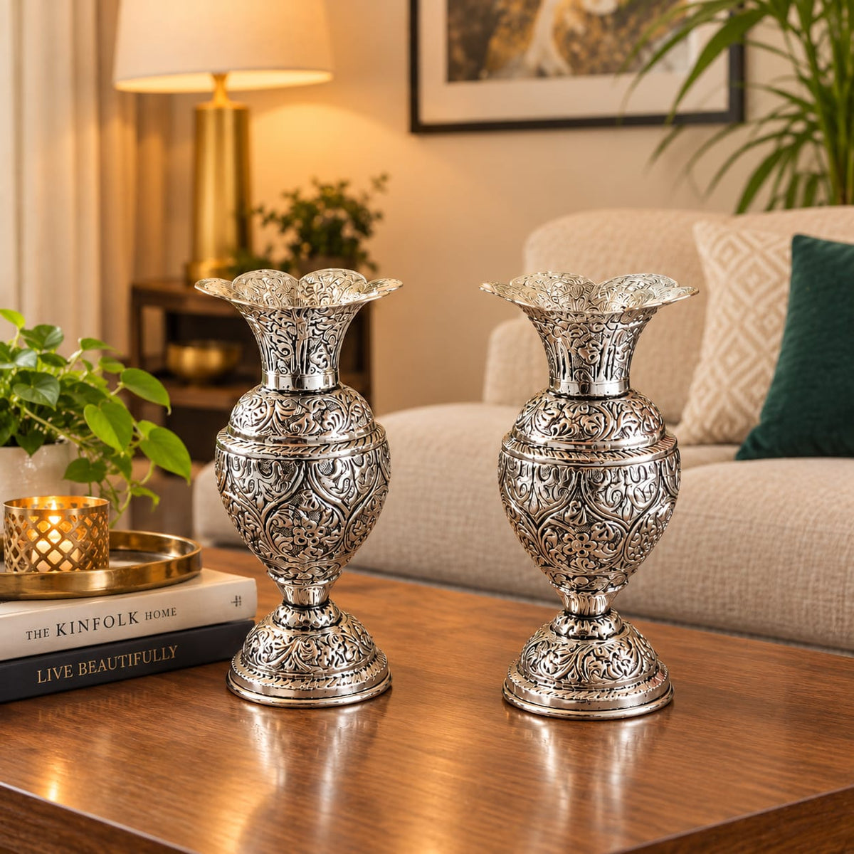 Traditiona German  Silver Vases (Pair) – Ornate Floral Engraving, Ideal for Wedding Gifting