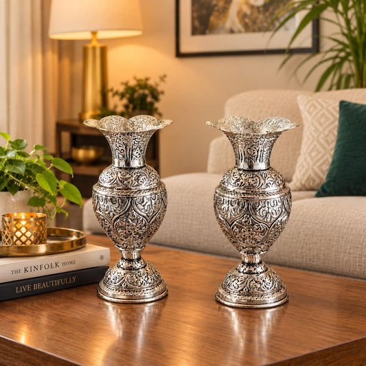 Traditiona German  Silver Vases (Pair) – Ornate Floral Engraving, Ideal for Wedding Gifting