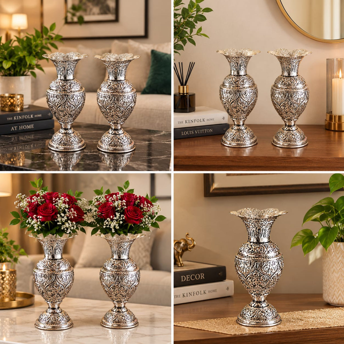 Traditiona German  Silver Vases (Pair) – Ornate Floral Engraving, Ideal for Wedding Gifting